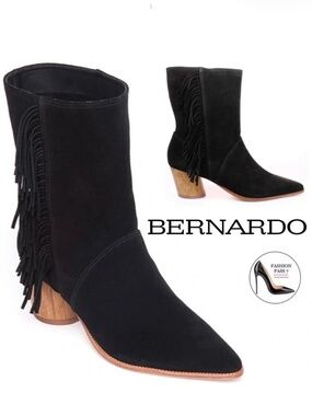 Bernardo Felix Mid-Calf Black Suede Fringe Western Boots Block Heel Boho Boots